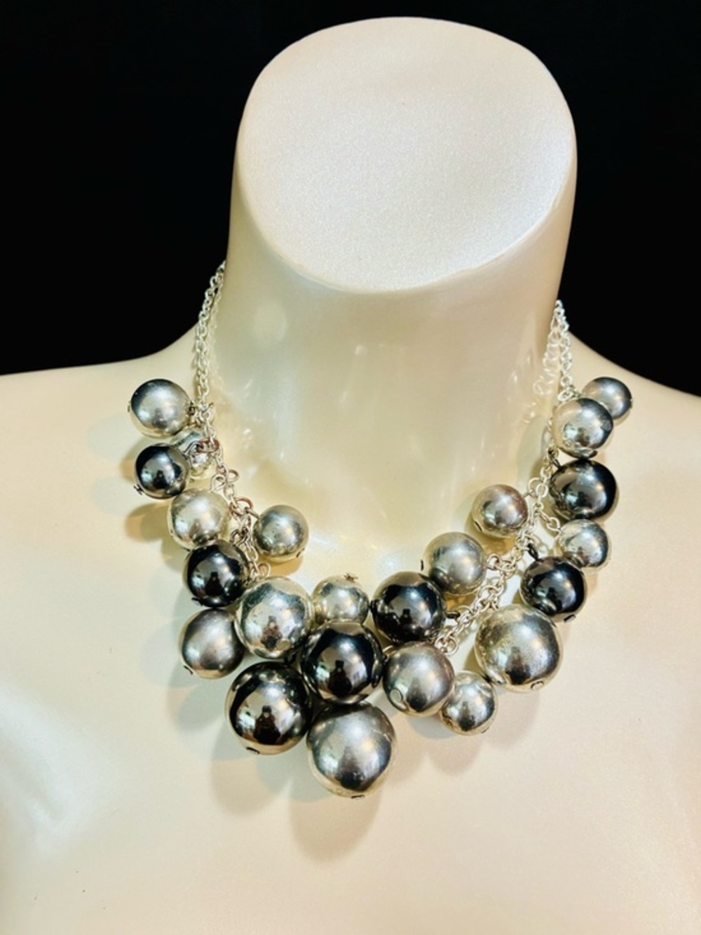 Two-Tone Metallic Bubble Necklace - Silver and Black Chunky Contemporary EUC